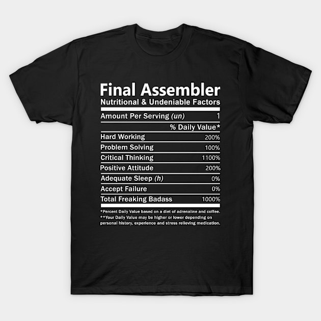 Final Assembler T Shirt - Nutritional and Undeniable Factors Gift Item Tee T-Shirt by Ryalgi